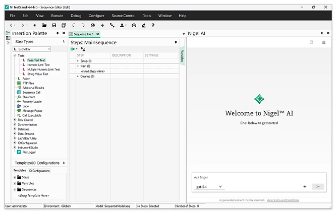 Nigel AI inside the NI TestStand sequence editor