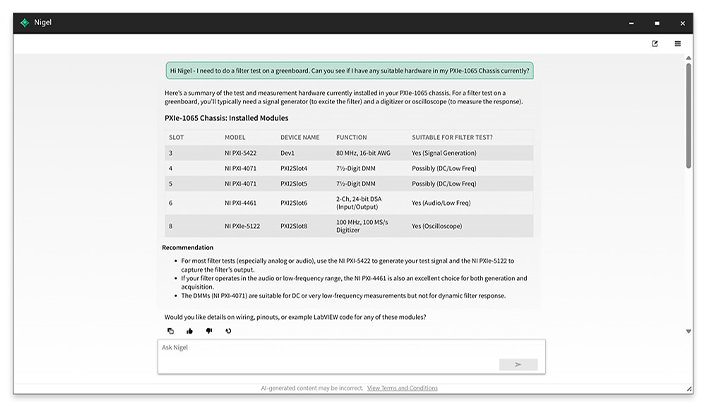 Nigel AI answering a test hardware question